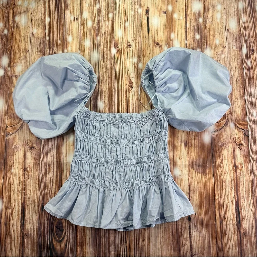 Astr Light Blue Smocked Puff Sleeve Blouse Size Medium
